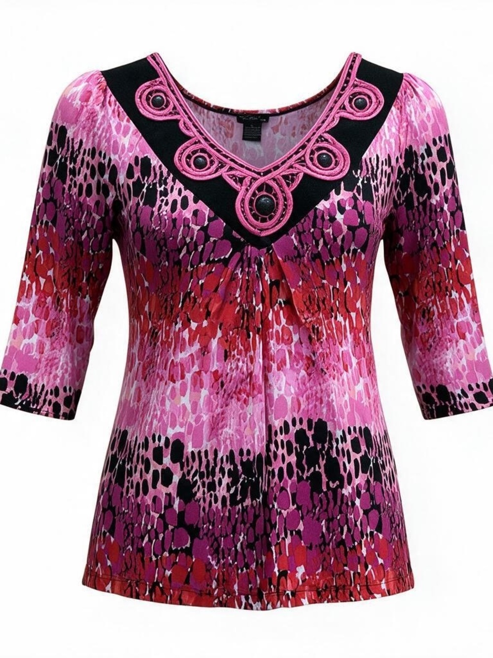 Nue Options Pink and Black Patterned V-Neck Tunic